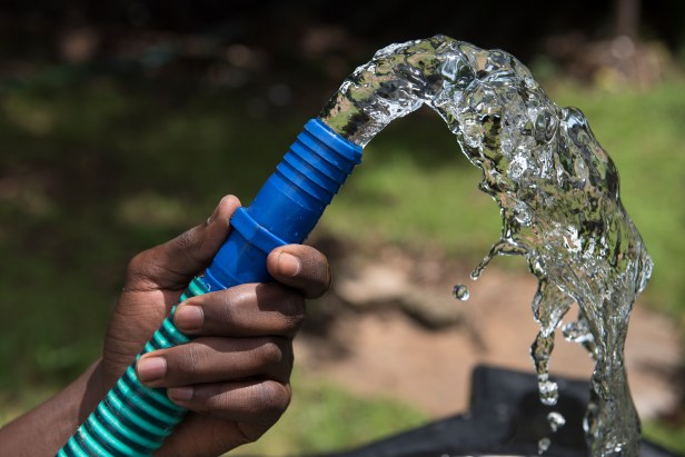 The heavy flow of water from a Sunflower solar irragation pump.